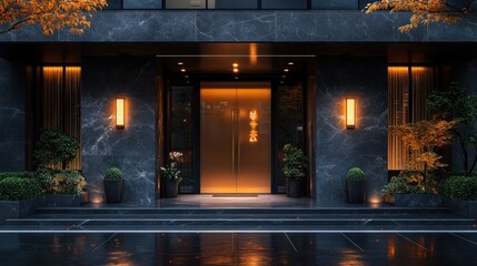 Obraz premium Luxurious building entrance at night, illuminated with warm lighting, showcasing elegant design and landscaping
