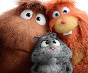 Three furry cartoon characters, close-up, with expressive eyes and mouths, displayed against a plain white background