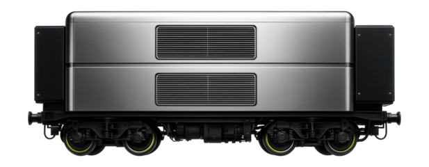 Double-decker power supply railcar with external control boxes and ventilation grilles