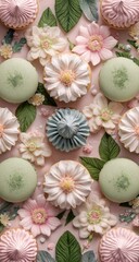 Fototapeta premium A pastel pink background displays an artful arrangement of delicate pastel-colored macarons and meringue cookies, adorned with sugar flowers and leaves