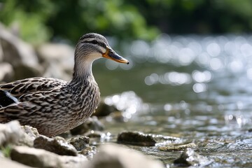 Female mallard duck standing by rocky water edge, Closeup of duck near riverbank in natural sunlight