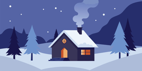 Naklejka premium snowy forest cabin with chimney smoke and lights