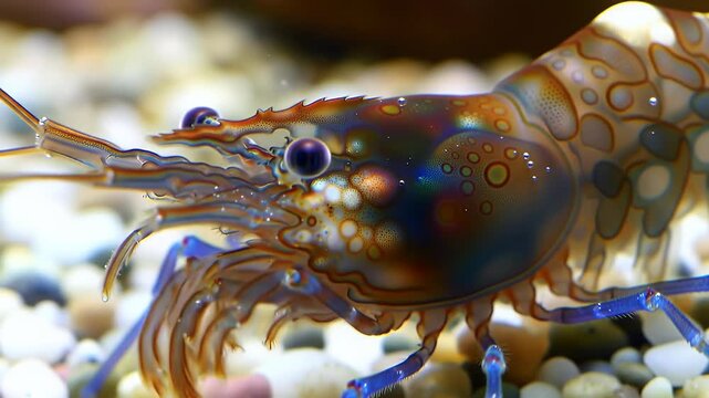 Detailed macro shot of a colorful ornamental shrimp with intricate patterns in an aquarium