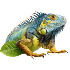 Fototapeta premium Colorful iguana portrait, tropical leaf, black background, zoological study
