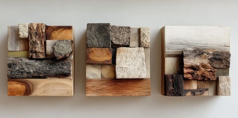 Three square wooden wall art pieces.  Each features a mosaic of various wood and stone textures in a geometric arrangement.  Muted tones of brown, beige, gray, and off-white dominate