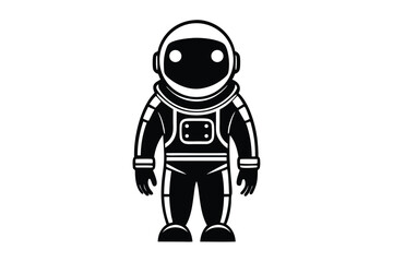 Isolated astronaut in black spacesuit stands on white backdrop in a simple vector