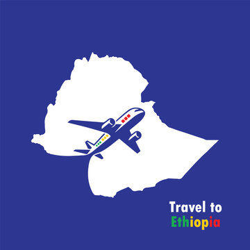 Travel to Ethiopia &ndash; Minimalist Map of Ethiopia with Airplane Graphic inside with Ethiopian Flag Colors