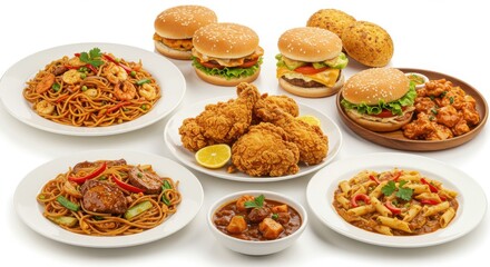 Assorted Food Platter Featuring Burgers Fried Chicken and Pasta