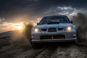 Obraz premium Rally car drifting through mud at sunset, Action shot of dirt-covered car in offroad race