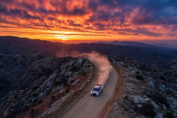Fototapeta premium Rally car driving on rocky mountain trail at sunset, Dust trail behind vehicle on dramatic winding path
