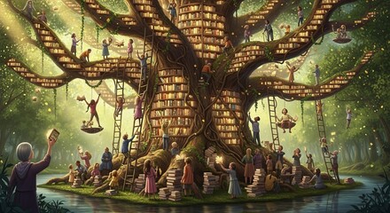 Fototapeta premium Enchanted Tree of Knowledge with People Reading and Learning