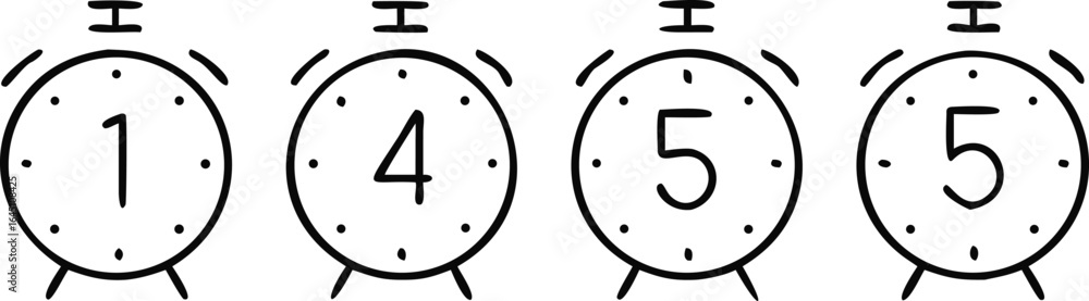 Poster four alarm clock icons with numbers 145 inside circles symbol time