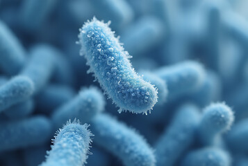 Fototapeta premium A microscopic image of Bacillus anthracis, the causative agent of anthrax. The bacteria appear as rod-shaped spores with a smooth, slightly glossy surface, arranged singly and in short chains. 