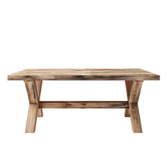 Rustic wooden table isolated on transparent background, featuring a weathered, distressed texture and sturdy construction, perfect for farmhouse or countrystyle home decor