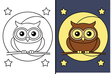Owl on branch with moon and stars coloring page and colored version