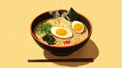 Delicious bowl of ramen noodles with soft boiled eggs and seaweed