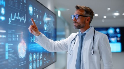 Doctor Analyzing Medical Data on a Large Screen Display in Hospital