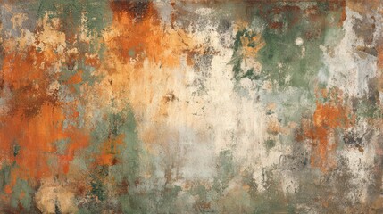 A 4K photo of textured, distressed background resembling aged plaster or peeling paint, with patches of earthy orange, brown, and muted green.
