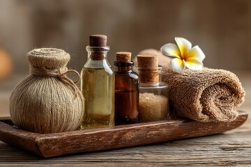 Herbal spa accessories on wooden tray high resolution picture