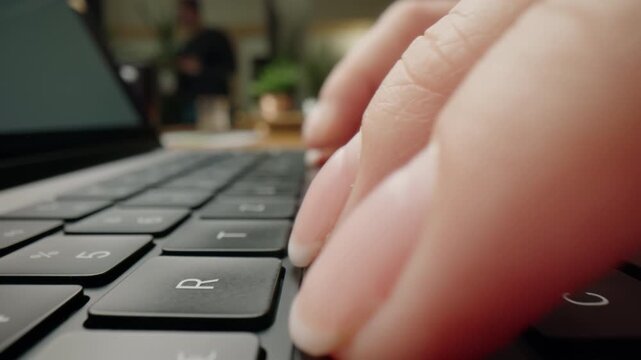 Moving close-up of womans fingers typing on laptop keyboard in modern caf&eacute;