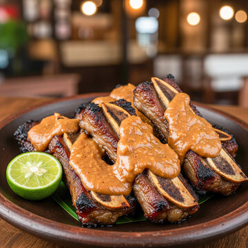 Konro Bakar Makassar with rich peanut sauce and lime garnish, detailed texture, rustic warung setting &ndash; AI generated image.
