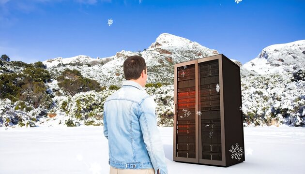 Man Contemplating Server Rack in Snowy Mountain Landscape with Snowflake Accents - Powered by Adobe