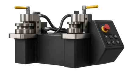 Dual-head duct bending machine with synchronized operation for simultaneous bending of multiple ducts in a large factory setting.