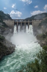 Fototapeta premium Massive concrete dam releasing powerful water cascades into a rugged canyon with lush green foliage and a bright blue sky overhead