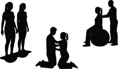 Silhouette of physiotherapy exercises, balance training, rehabilitation therapy, physical fitness, personal trainer assistance, workout session, health \