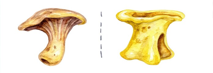 Two watercolor illustrations of mushrooms, one light brownish-yellow and one bright yellow, with a dividing line