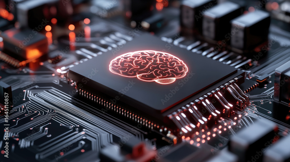 Poster artificial intelligence brain with glowing circuits resting on a complex circuit board, symbolizing 