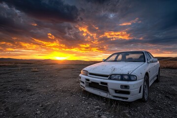 Obraz premium White sports car on rocky terrain at sunset, Dirty coupe parked in remote landscape during golden hour