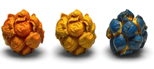 Three colorful popcorn kernels, orange, yellow, and blue,  isolated on white