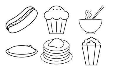 Collection of food icons and illustrations, including salad, soup, pizza, taco, and sandwich, isolated on white background