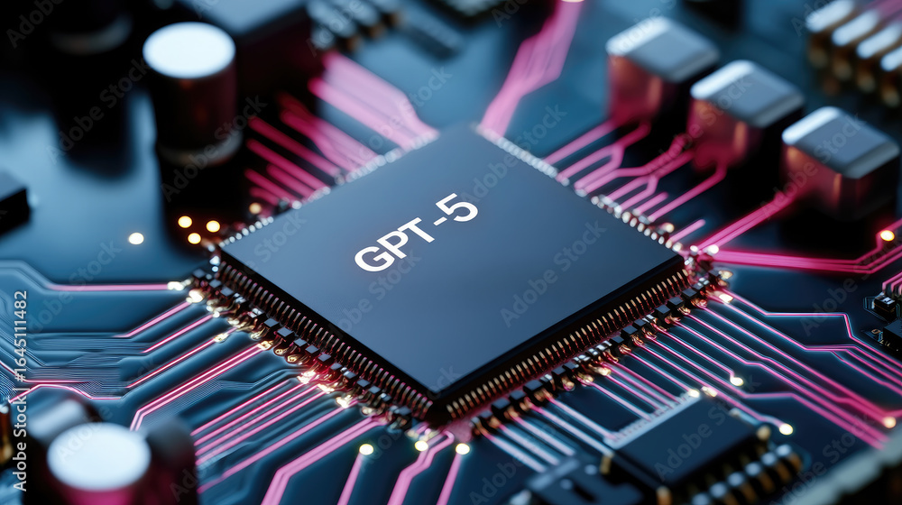 Poster macro close-up of a computer chip engraved with gpt-5, showcasing the intricate circuitry and compon