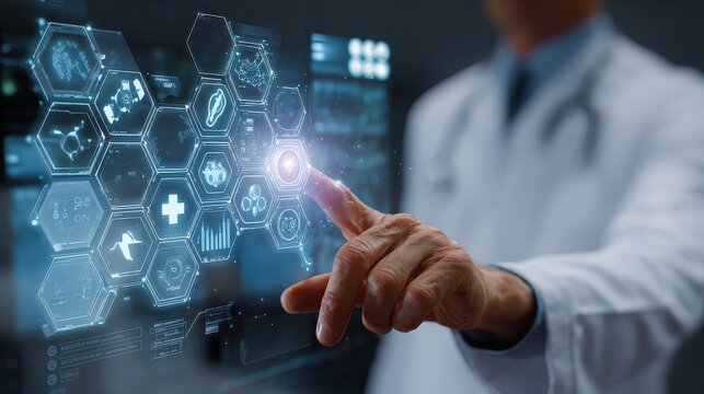 Doctor using futuristic interface with medical icons for healthcare