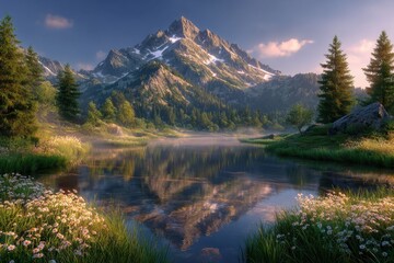 Serene Mountain Lake with Lush Greenery and Majestic Peaks Reflecting in the Calm Water