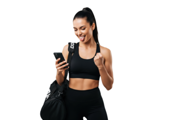 Playful fitness woman celebrating with smartphone and gym bag isolated on a transparent background