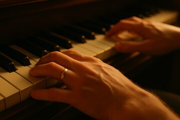 Fototapeta premium Hands playing piano keys with a wedding band visible, musical engagement lifestyle