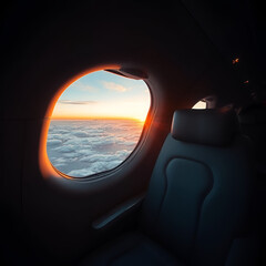 Luxury air travel experience inside business jet sunset view from window high-end environment relaxed perspective