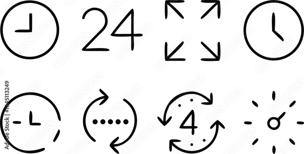 Poster various time and rotation icons on black background clock arrow