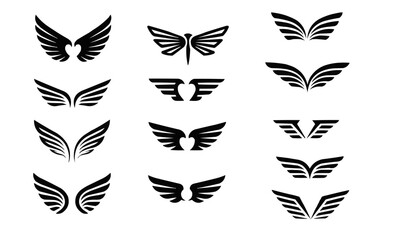 Silhouette wing icons. Bird wings, fast eagle emblem and decorative ornament angel wing stencil. Black tattoo sketch, airport logo or victory insignia. Isolated symbols vector set