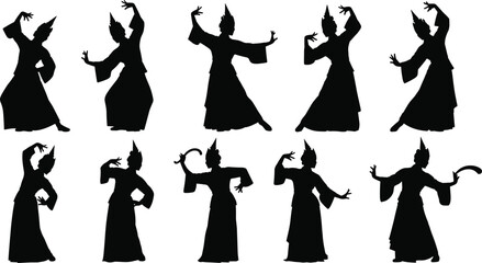 Silhouette of traditional Thai dancers, cultural performance art, elegant dance poses, classical costume, heritage celebration, Asian folk dance, graceful movement illustration