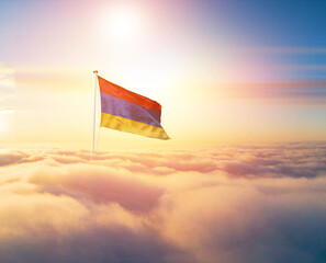 Armenia national flag aerial view clouds in beautiful sky. Top view. Drone. Aerial bird's eye fly...