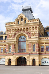 NIZHNY NOVGOROD, RUSSIA - AUGUST 02, 2025:The building of the Nizhny Novgorod fair - the largest fair of the Russian Empire (1822), the central part. Nizhny Novgorod, Russia