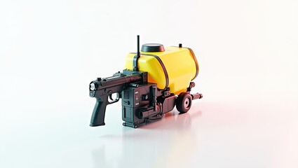 Fototapeta premium A futuristic, yellow water tank with a dark firearm attached.