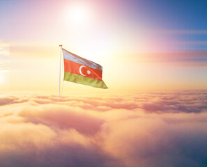 Azerbaijan national flag aerial view clouds in beautiful sky. Top view. Drone. Aerial bird's eye...