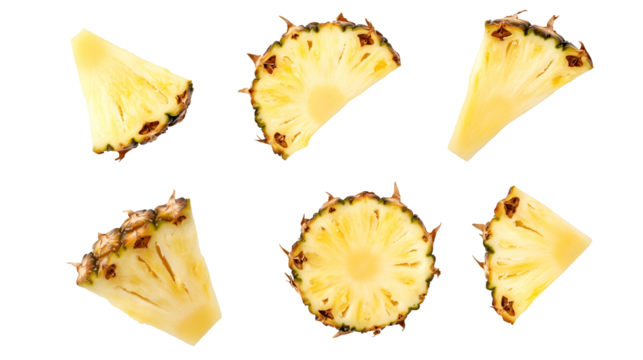flying pineapple slices isolated on transparent white background, clipping path