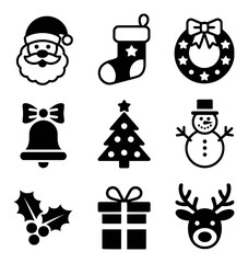 Christmas icons santa stocking wreath bell tree snowman holly gift reindeer vector
