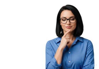 Pensive woman with a thoughtful expression isolated on a transparent background

